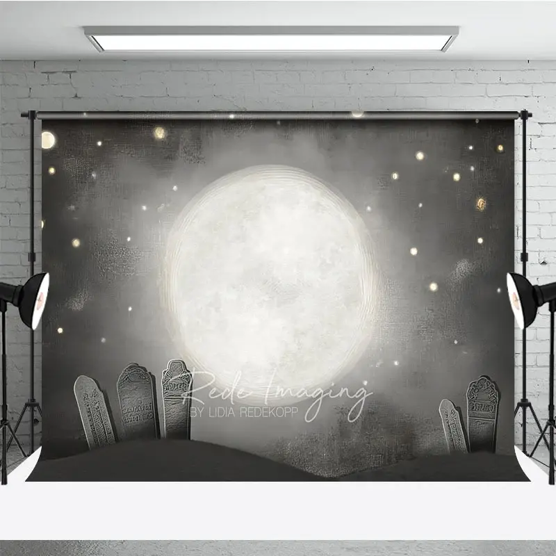 Aperturee Whimsical Graveyard Photography Backdrop, Painterly Full Moon and Tombstones, Starry Halloween Night Background, 3x2ft (WxH)