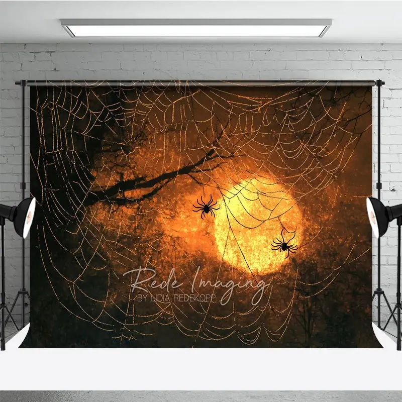 Aperturee Spooky Spiders on a Web Photography Backdrop, Orange Sunset for Halloween, Moody and Dark Photo Background, 3x2ft (WxH)