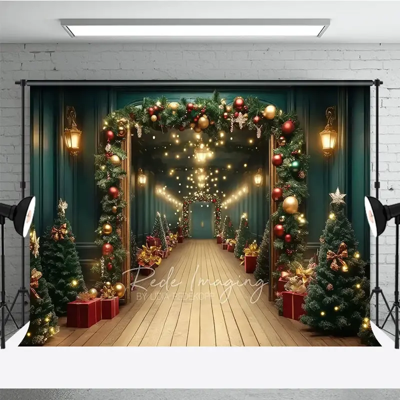 Aperturee Grand Christmas Hallway Photography Backdrop, Elegant Garland and String Lights, Holiday Party Photo Background, 3x2ft (WxH)