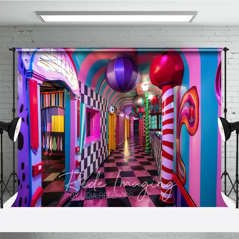 Aperturee Surreal Candy Hallway Fine Art Backdrop, Checkered Floor and Sweet Lollipops Photography Studio Background