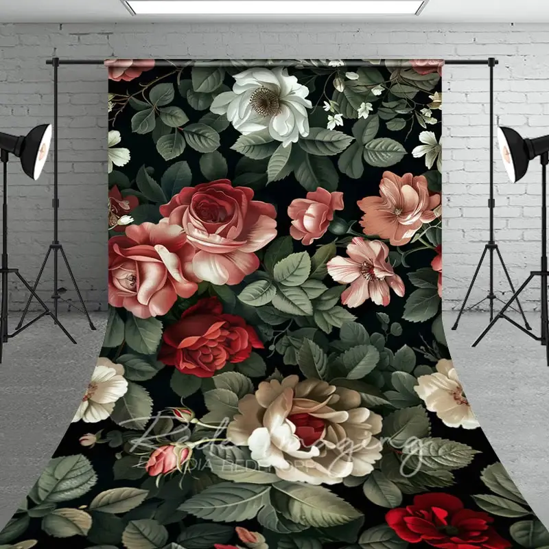 Aperturee Retro Plant Leaves Red Pink Floral Sweep Backdrop, 5 x 7 ft (1.5 x 2.1 m), 42 USD, sweep backdrops, LRSD2K53-D