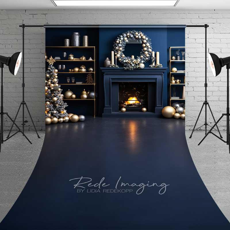 Aperturee Modern Blue Christmas Sweep Backdrop, Fireplace Gold Ornaments Dark Blue Floor Room Photo Background, Color Block