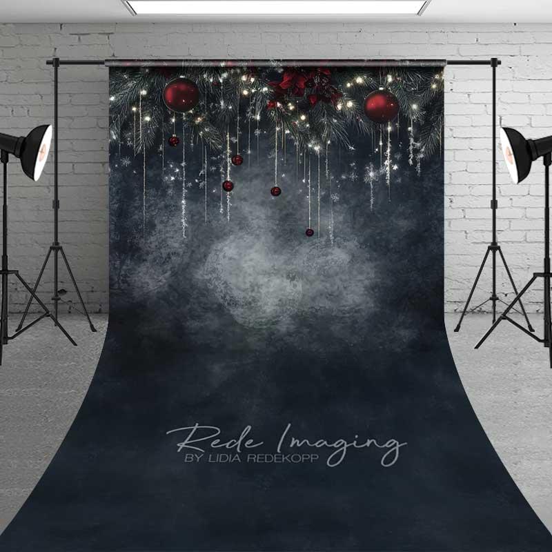 Aperturee Dark Moody Winter Night Sweep Backdrop, Hanging Icicles Red Ornaments Texture Floor Photo Background, Low Key