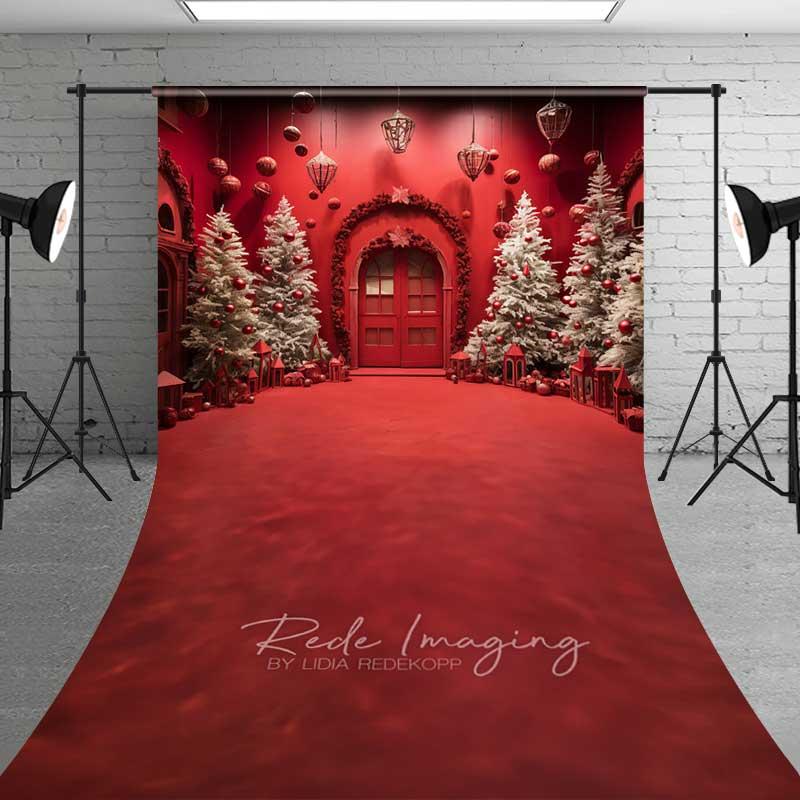 Aperturee Vivid Red Christmas Room Sweep Backdrop, White Flocked Trees Arched Door Red Floor Photo Background, Color Studio