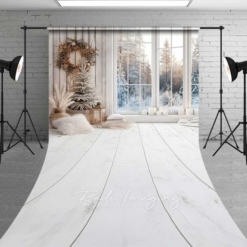 Aperturee White Wood Floor Christmas Sweep Backdrop, Winter Window View Flocked Tree Minimalist Photo Background, Room Set