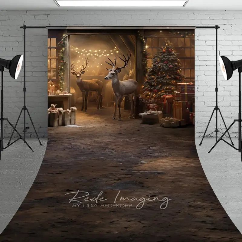 Aperturee Rustic Barn Christmas Sweep Backdrop Reindeer Tree Gift Photography Background Farmhouse Animal Winter Holiday Party Decoration