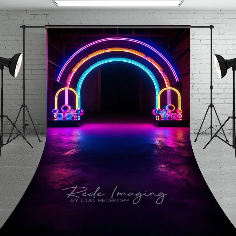 Aperturee Neon Rainbow Arch Sweep Backdrop Disco Ball Light Tunnel Background 80s Retro Glow Party Decoration Photo Booth