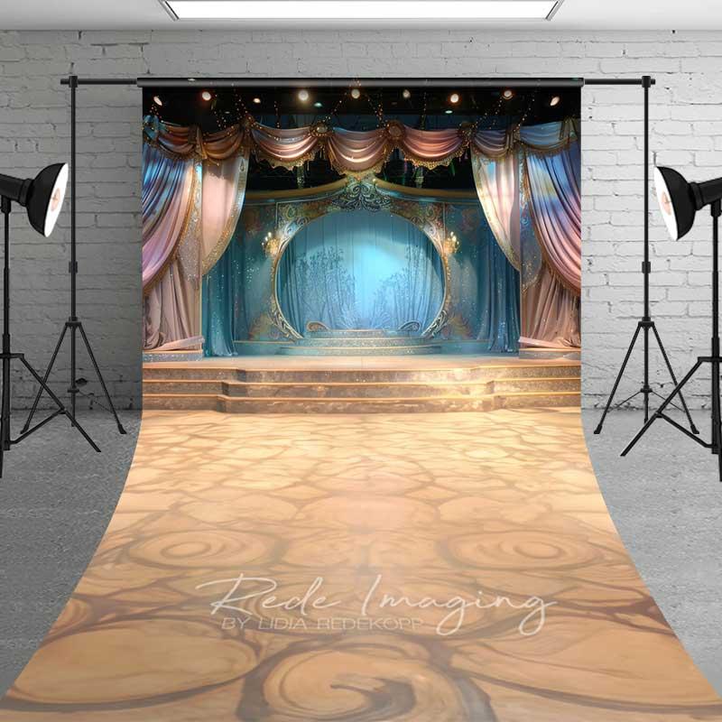 Aperturee Theater Stage Sweep Photography Backdrop with Floor, Elegant Blue and Gold Curtains, Magical Performance Photo Prop, 5x7ft (WxH), 42 USD