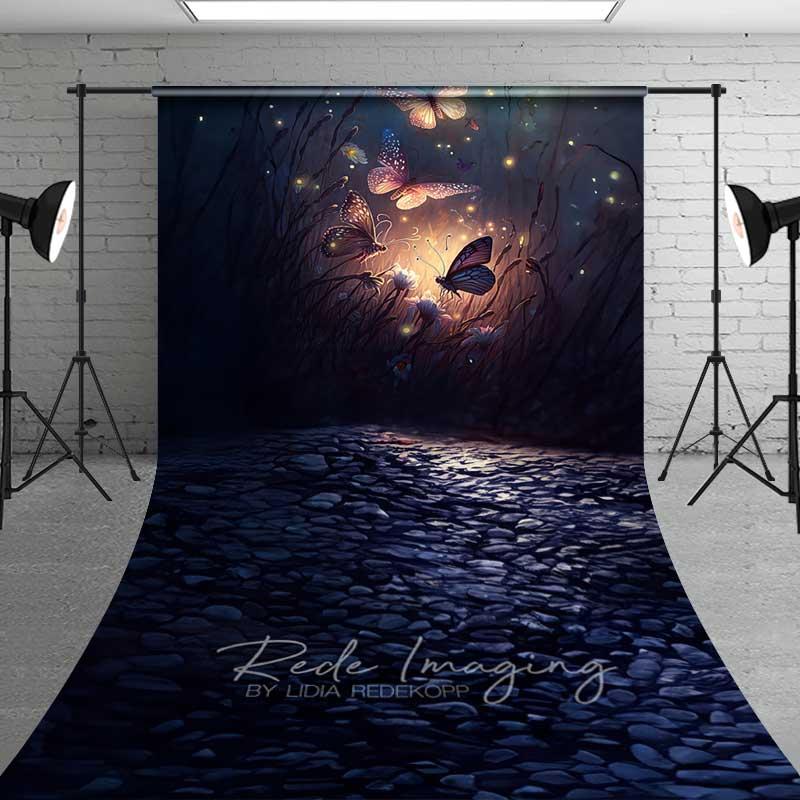 Aperturee Enchanted Forest Butterflies Sweep Photography Backdrop with Cobblestone Floor, Magical Glowing Insects at Night Photo Prop, 5x7ft (WxH)