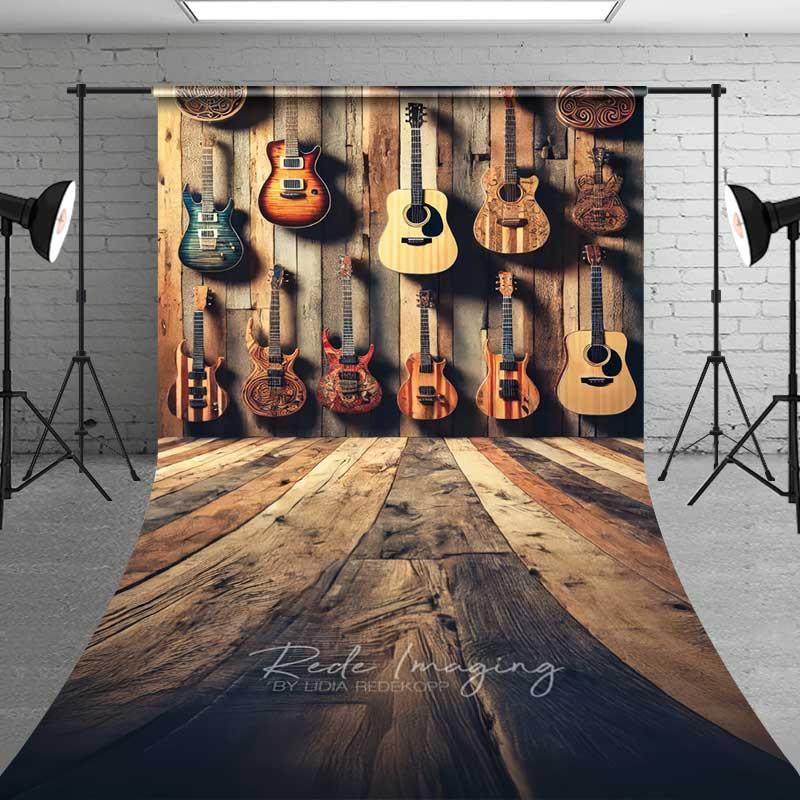 Aperturee Rustic Guitar Collection Wall Sweep Photography Backdrop, Musician Studio Portrait Background