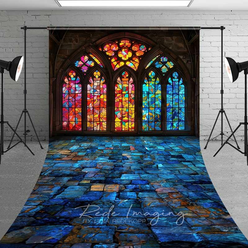Aperturee Colorful Stained Glass Window Sweep Backdrop Stone Studio Floor Church Decoration Professional Photography Rubber Floor Mat