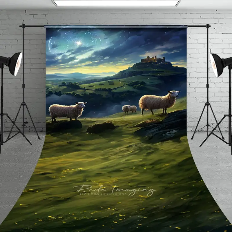 Aperturee Nativity Scene Sweep Photo Backdrop, Shepherds and Sheep Watching Star of Bethlehem, Religious Christmas Prop