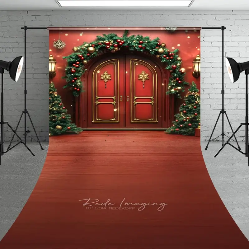 Aperturee Elegant Christmas Front Door Sweep Photo Backdrop, Red Doors with Garland and Trees, Holiday Welcome Home Prop