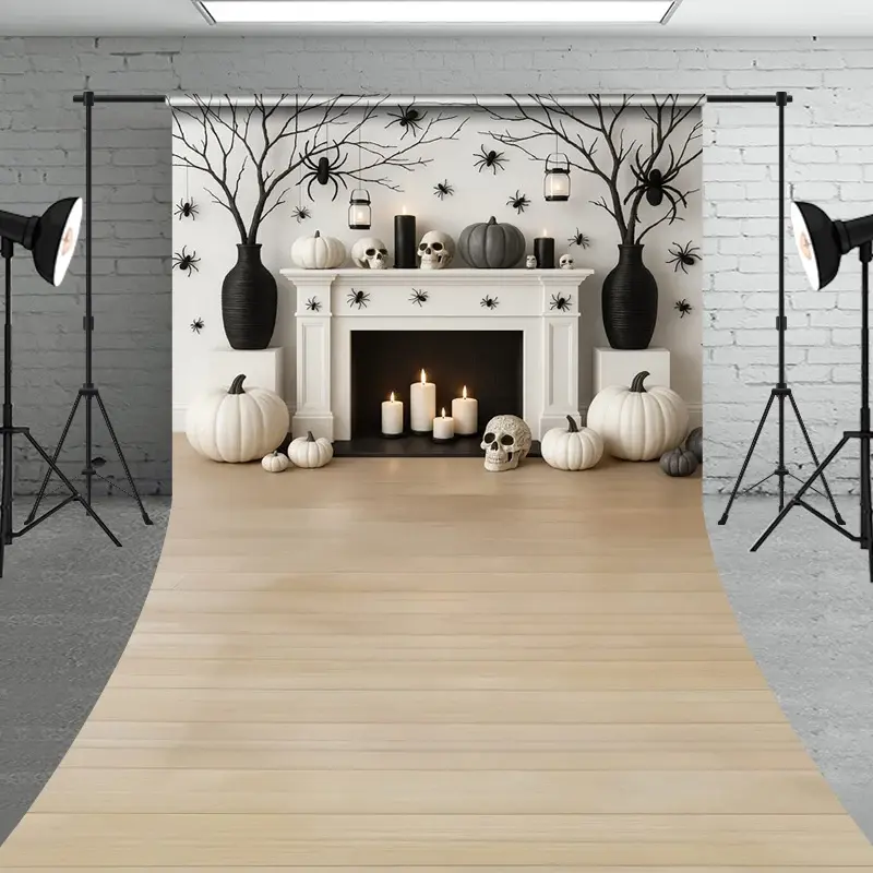 Aperturee Modern Halloween Fireplace Sweep Backdrop, Chic Black and White Decor, Spooky Studio Photo Shoots, 5x7ft (WxH), 42 USD, sweep backdrops, L