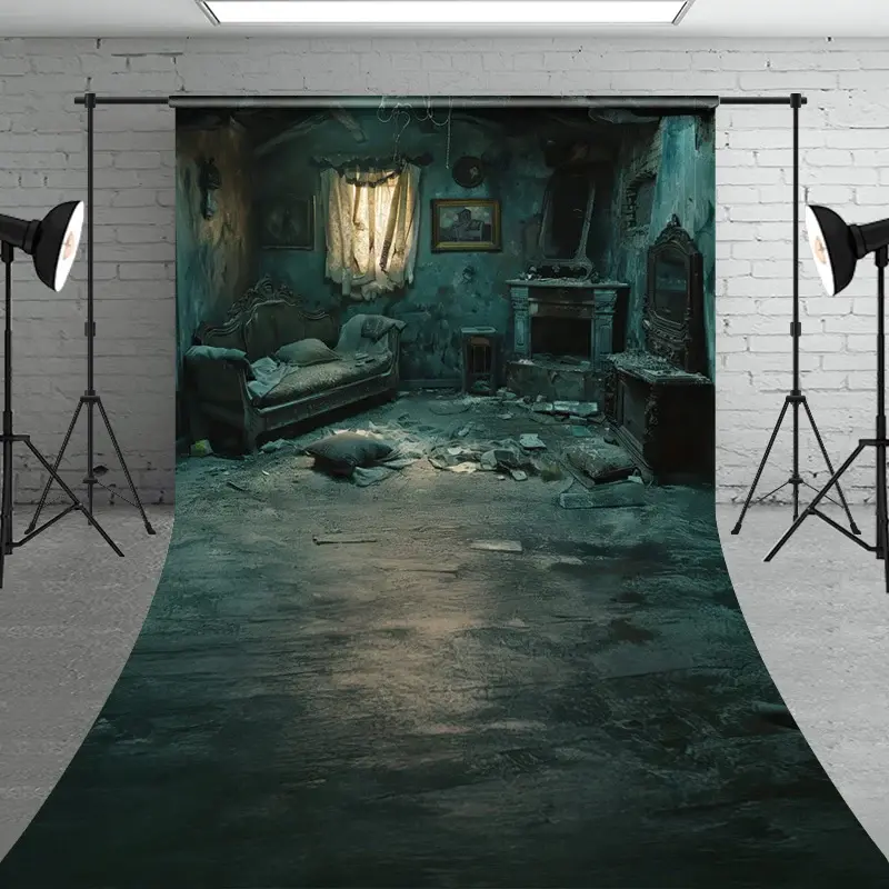 Aperturee Haunted Abandoned Bedroom Sweep Backdrop, Derelict Interior for Horror Photos, Post-Apocalyptic Room Scene, 5x7ft (WxH), 42 USD, sweep bac