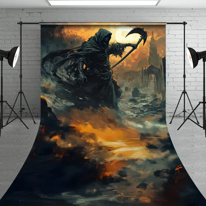 Aperturee Fine Art Grim Reaper Sweep Backdrop, Fiery Graveyard Scene for Halloween, Dark Fantasy Themed Portraits, 5x7ft (WxH), 42 USD, sweep backdr