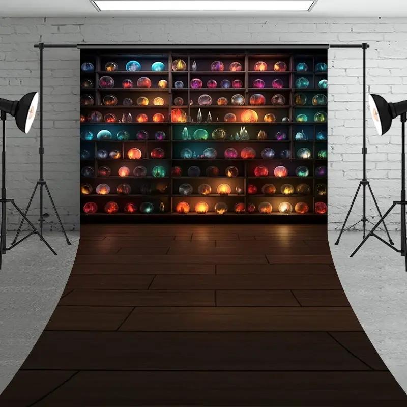 Aperturee Magical Orbs on Shelves Sweep Backdrop, Crystal Ball and Galaxy Display, Fantasy Themed Studio with Wood Floor, 5x7ft (WxH), 42 USD, sweep
