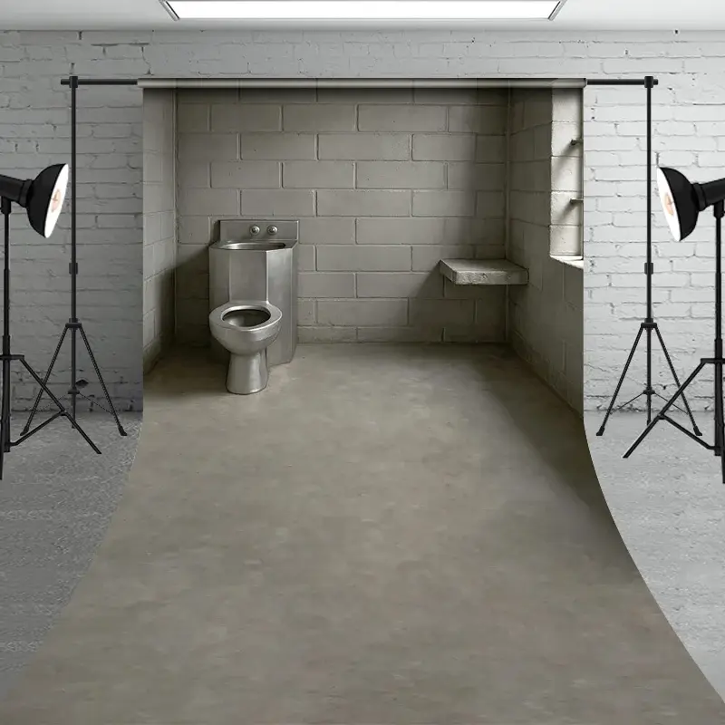 Aperturee Cinder Block Jail Cell Sweep Backdrop, Prison Room with Barred Window, for Gritty Themed Photo Shoots, 5x7ft (WxH), 42 USD, sweep backdrop