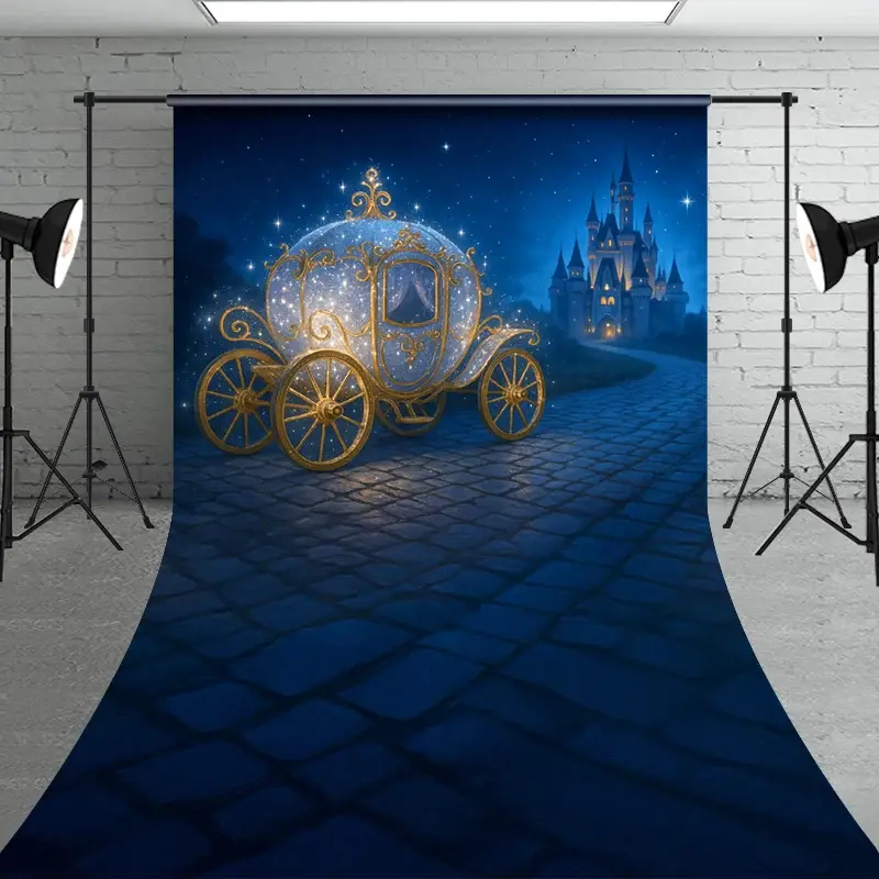 Aperturee Sparkly Princess Carriage Sweep Backdrop, Fairytale Castle on a Starry Night, Cinderella Inspired Birthday, 5x7ft (WxH), 42 USD, sweep bac