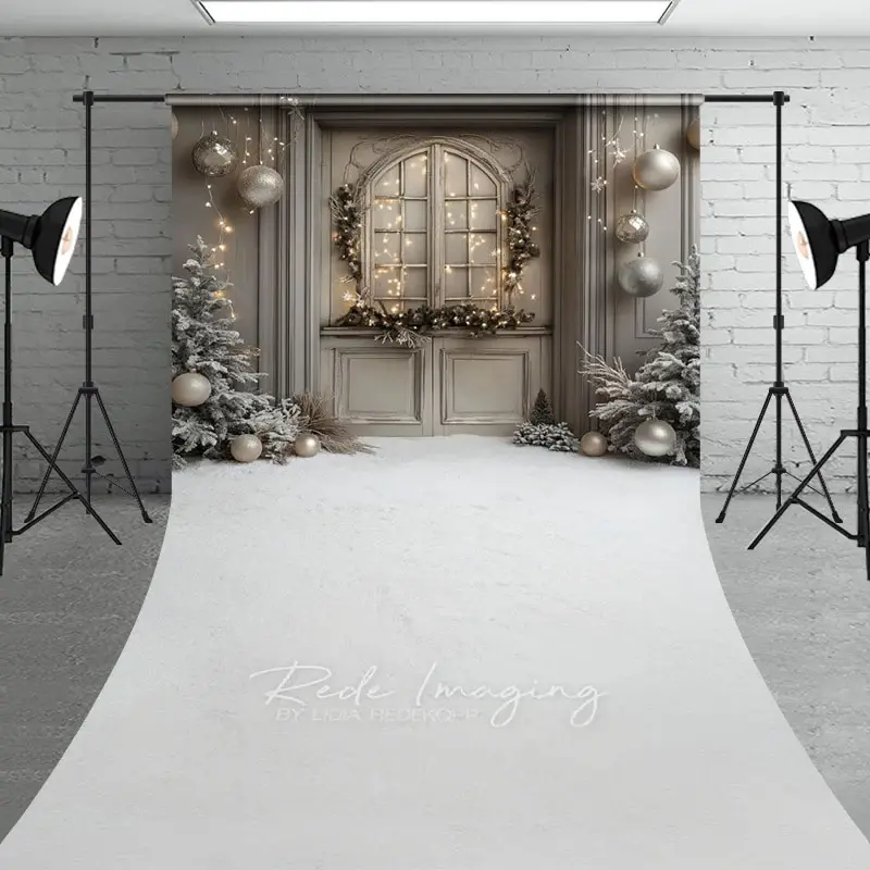 Aperturee Rustic Grey Door Christmas Sweep Backdrop, Flocked Trees and Snow, Neutral Holiday Mini Session Floor Drop, 5x7ft (WxH)