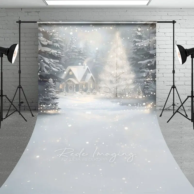 Aperturee Cozy Christmas Cottage Sweep Backdrop, Painterly Winter Snow Scene, Holiday Mini Session Photo Floor Drop, 5x7ft (WxH)