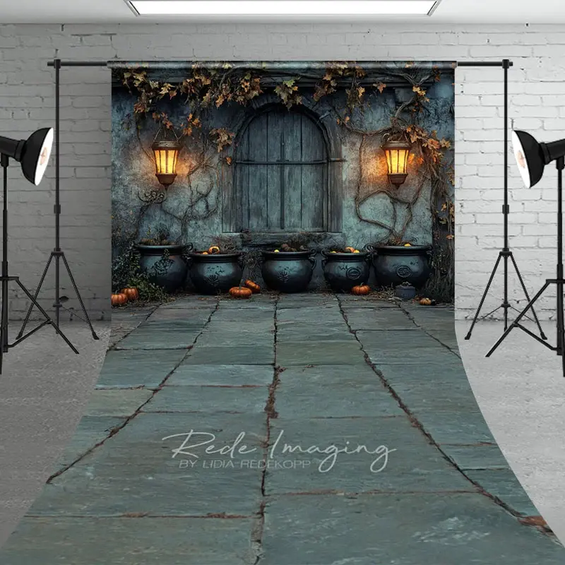 Aperturee Medieval Dungeon Wall Sweep Backdrop, Spooky Witch's Lair with Cauldrons, Halloween Photo Studio Floor Drop, 5x7ft (WxH)