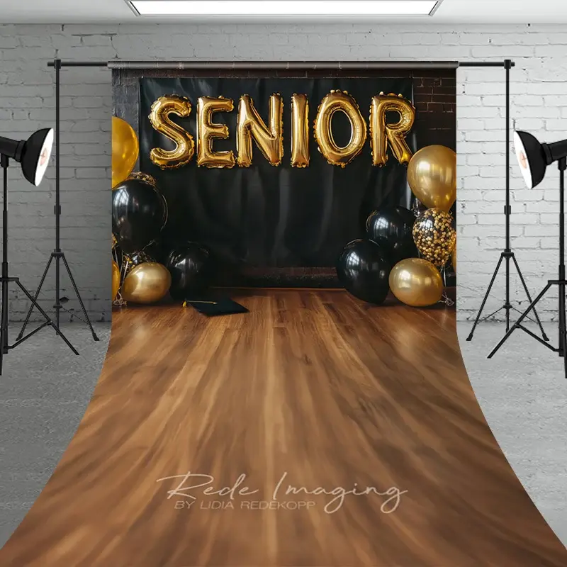 Aperturee Senior Gold Balloons Graduation Photography Backdrop, Black Wall and Wooden Floor Studio Sweep Background