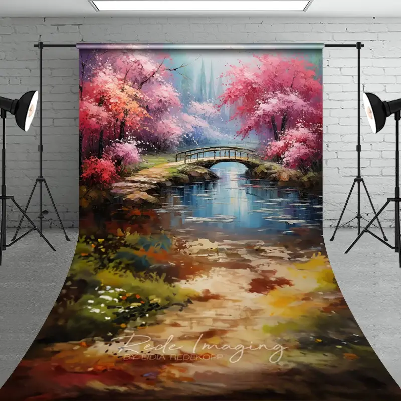 Aperturee Spring Pink Blossom Bridge Fine Art Backdrop, Painted River Landscape Sweep Portrait Studio Background