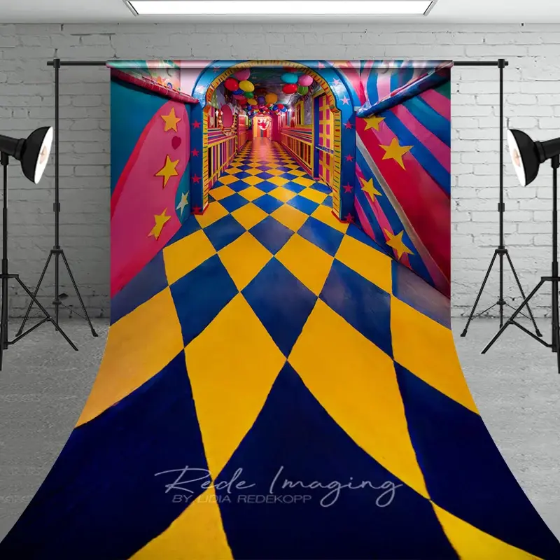 Aperturee Whimsical Checkered Hallway Fine Art Photography Backdrop, Colorful Balloons Sweep Portrait Studio Background