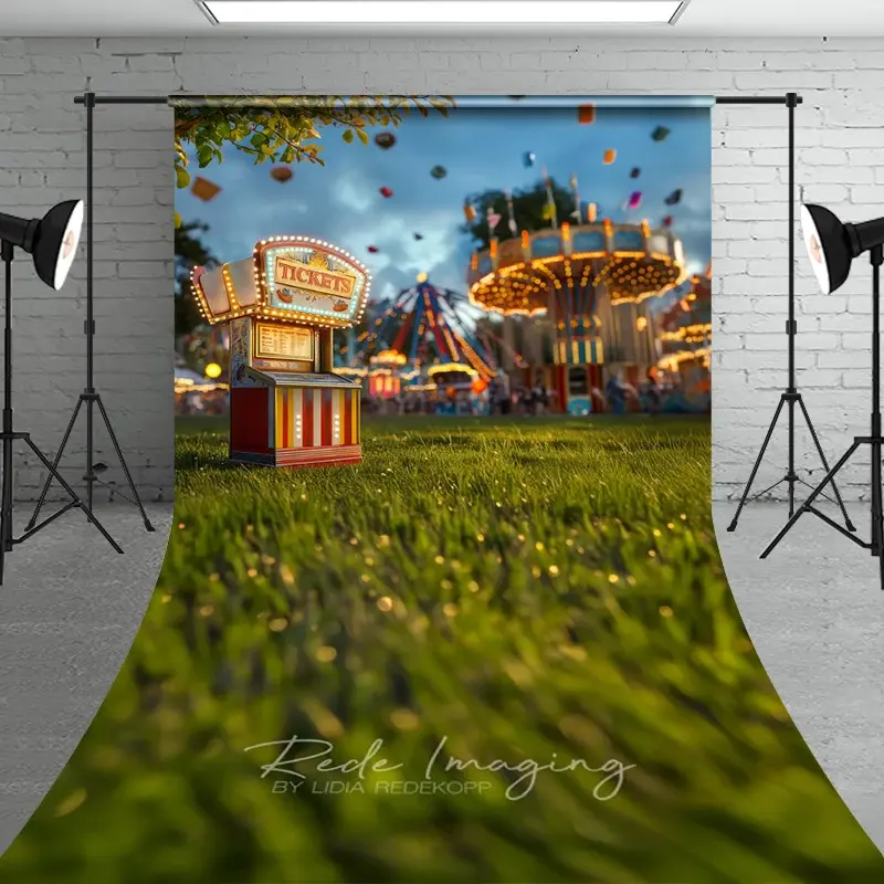Aperturee Vintage Carnival Ticket Booth Cake Smash Backdrop, Amusement Park Grass Sweep Portrait Studio Background