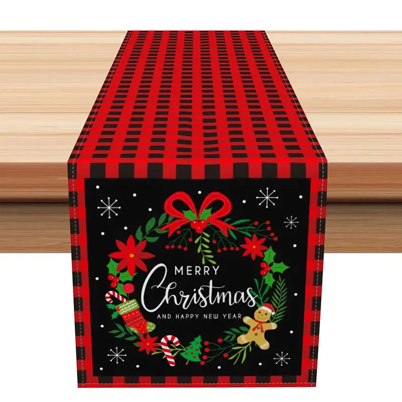 Aperturee Red Buffalo Plaid Christmas Table Runner, "Merry Christmas" Wreath, Farmhouse Holiday Dining Decor, 12x72in (WxH)