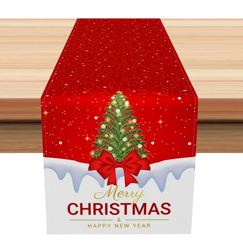 Aperturee Simple "Merry Christmas" Table Runner, Red with Christmas Tree and Bow, Holiday Dining Decor, 12x72in (WxH)