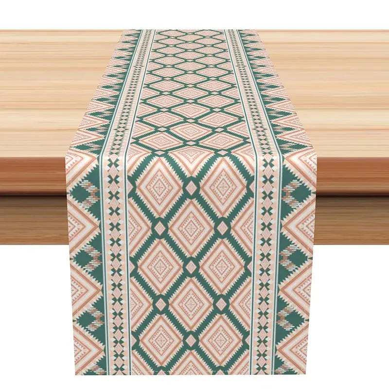 Aperturee Aztec Geometric Table Runner, Green and Orange Bohemian Tribal, Southwest Farmhouse Dining Table Decor, 12x72in (WxH)