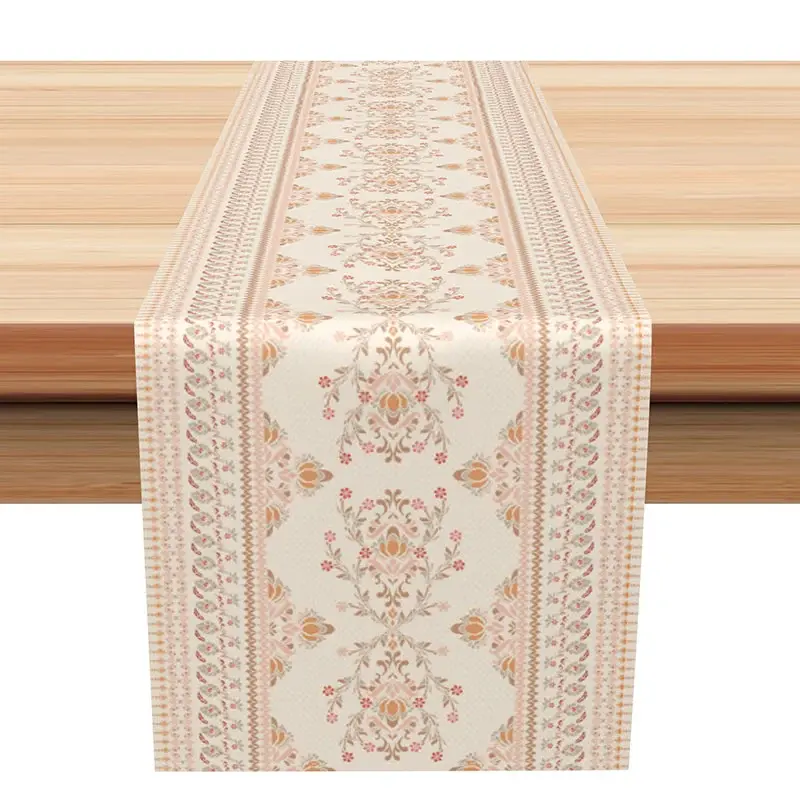 Aperturee Elegant Damask Table Runner, Neutral Beige and Pastel, Vintage Paisley Border for Farmhouse Dining, 12x72in (WxH)