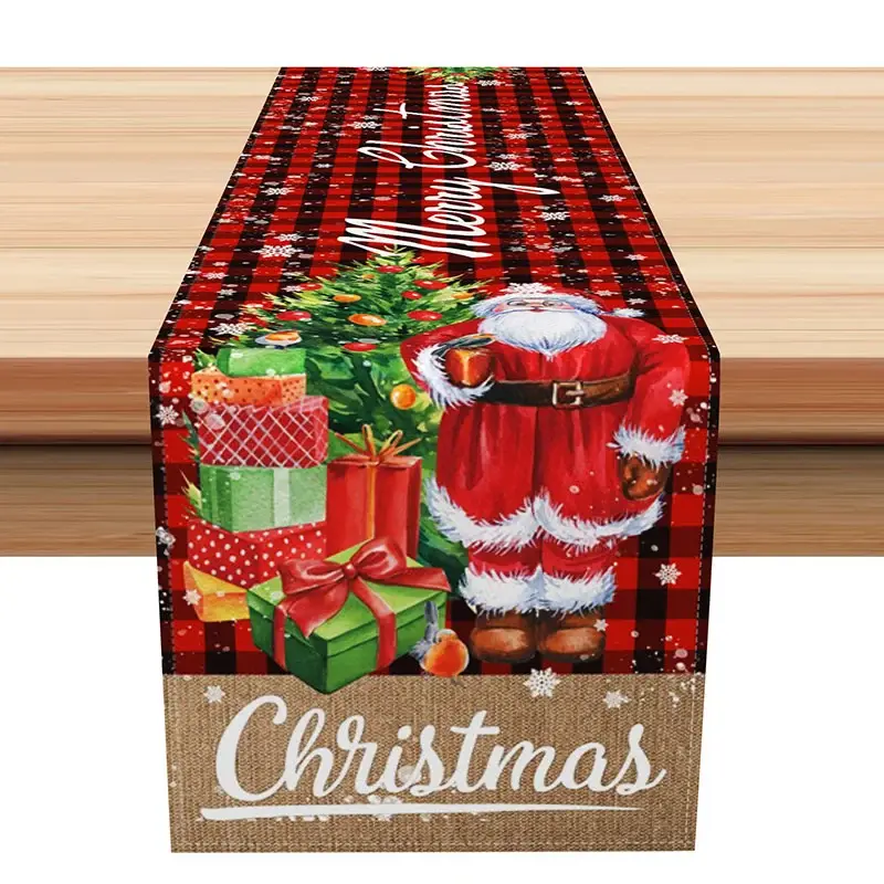 Aperturee Santa Claus Red Buffalo Plaid Table Runner, Rustic Burlap "Christmas", Farmhouse Holiday Dining Decor, 12x72in (WxH)
