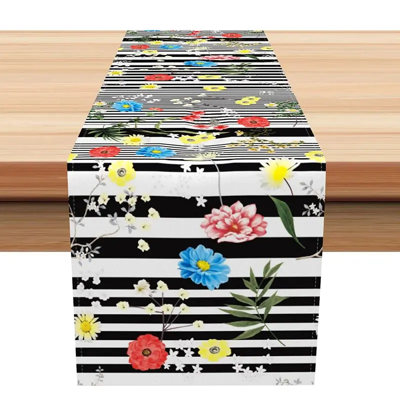 Aperturee Modern Floral Table Runner with Black and White Stripes, Colorful Flowers, Bold Kitchen Dining Decor, 12x72in (WxH)