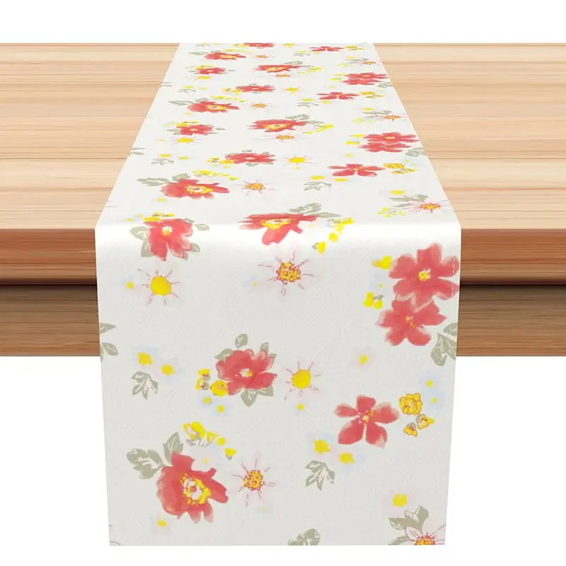Aperturee Simple Dainty Floral Table Runner, Red and Yellow Flowers on White, Farmhouse Cottage Style Kitchen Decor, 12x72in (WxH)