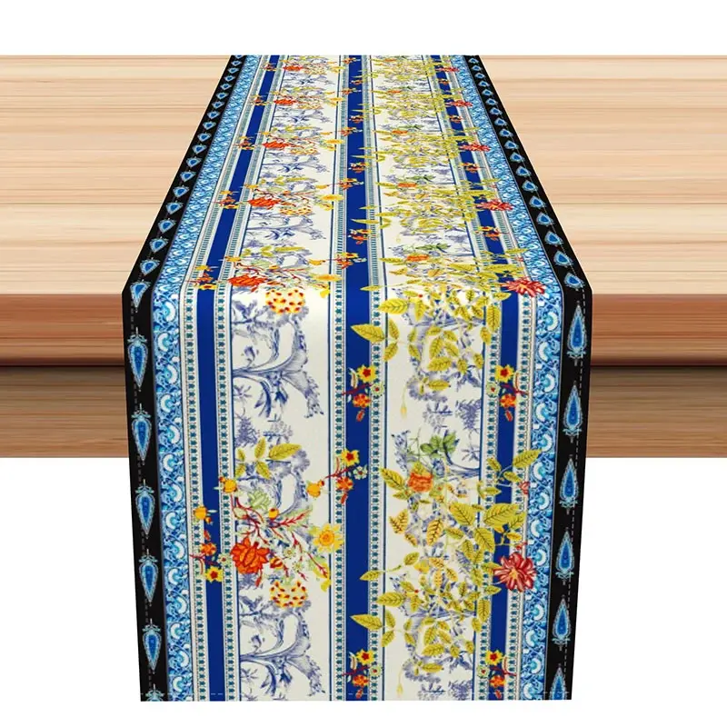 Aperturee Elegant Vintage Floral Table Runner, Blue and Yellow Paisley Border, for Farmhouse and Traditional Dining, 12x72in (WxH)