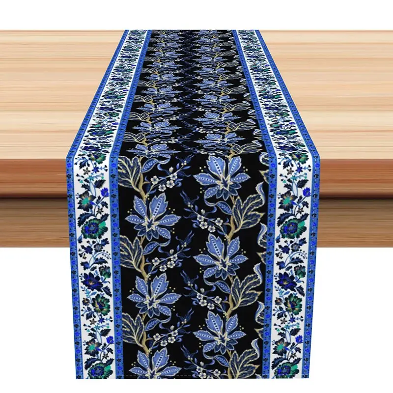 Aperturee Elegant Blue Floral Table Runner with Paisley Border, Ethnic Botanical Design for Dining Table Decor, 12x72in (WxH)