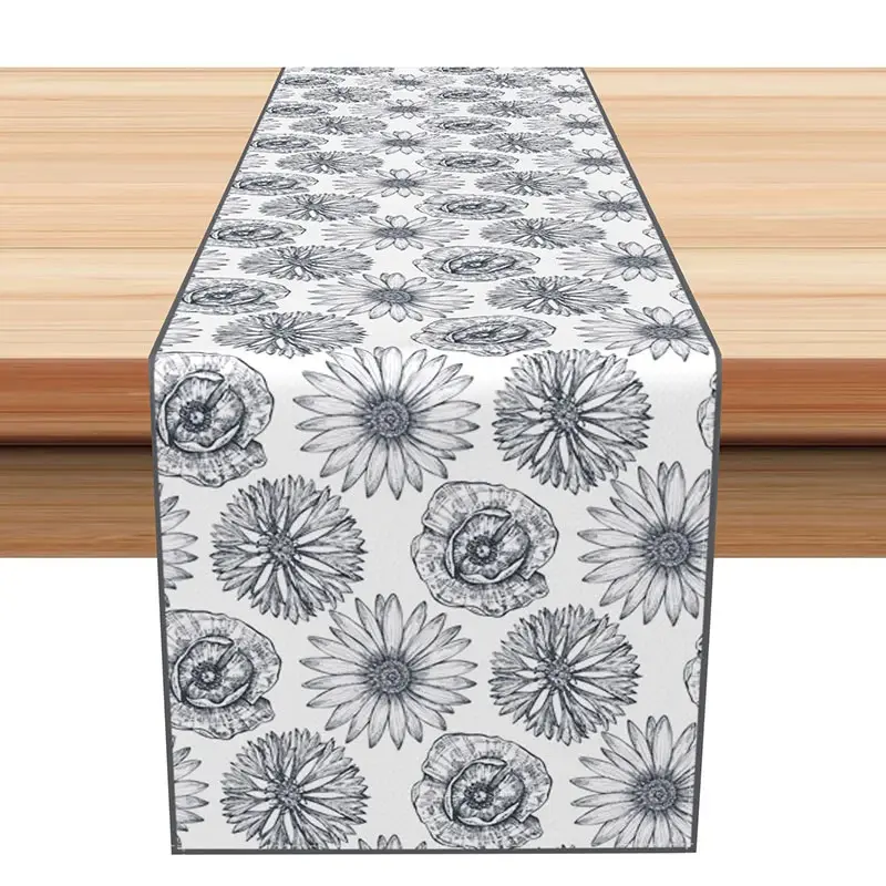 Aperturee Modern Grey Floral Table Runner with Daisy Silhouette, Minimalist Farmhouse Kitchen Dining Decor, 12x72in (WxH)