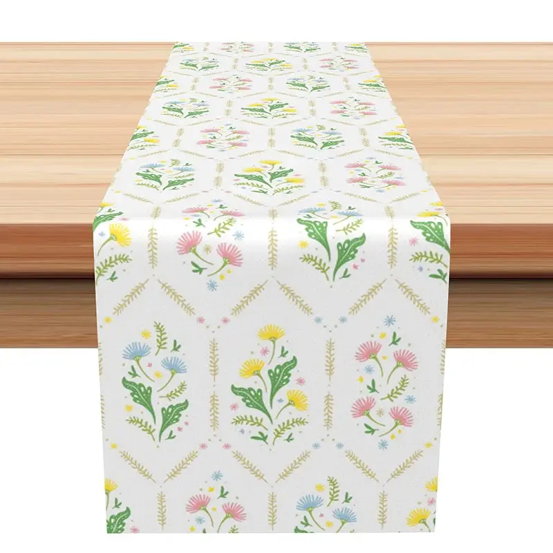 Aperturee Vintage Floral Table Runner with Geometric Pastel Flowers, Dainty Botanical Print for Farmhouse Dining Decor, 12x72in (WxH)