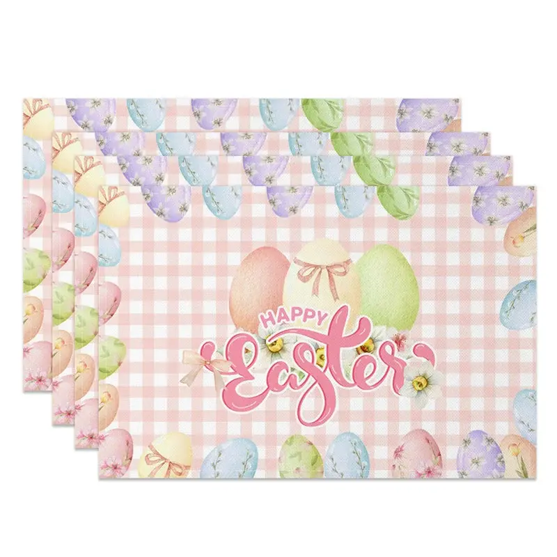 Aperturee Easter Set of 4 Placemats Pink Gingham Checkered Eggs, Happy Easter Plaid Dining Table Mats, Seasonal Pattern Prop