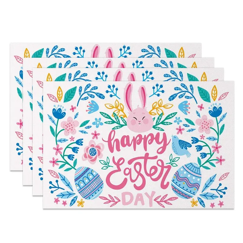 Aperturee Easter Set of 4 Placemats Floral Bunny Face Wreath, Spring Happy Easter Day Dining Table Mats, Botanical Event Prop