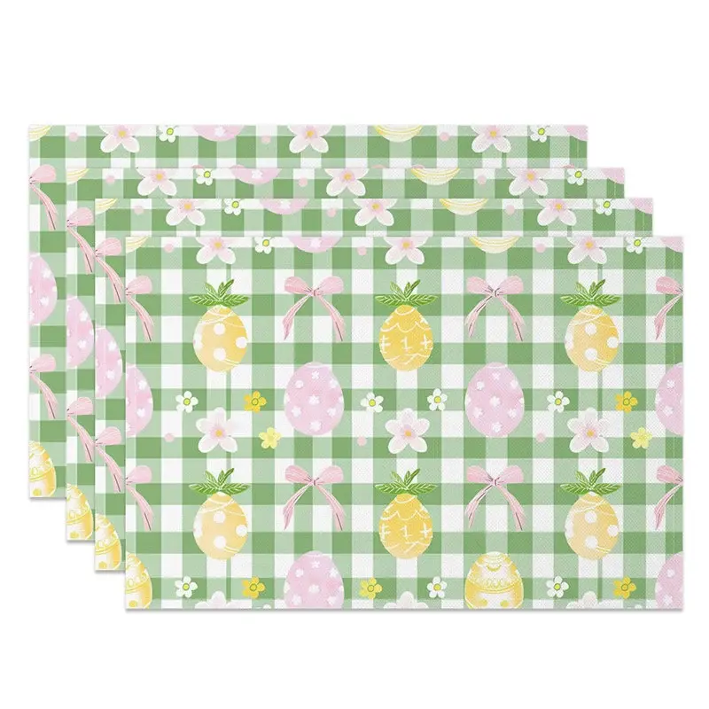 Aperturee Easter Set of 4 Placemats Green Gingham Pineapple Eggs, Pink Bows Checkered Dining Table Mats, Whimsical Food Prop