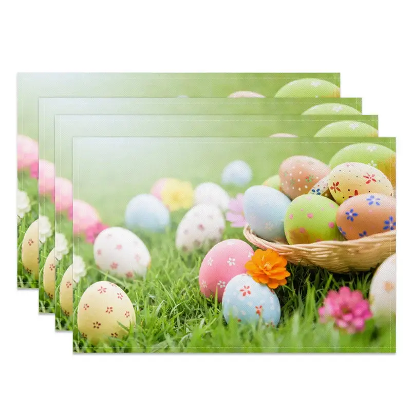 Aperturee Easter Set of 4 Placemats Basket of Painted Eggs, Spring Green Grass Lawn Dining Table Mats, Outdoor Theme Prop