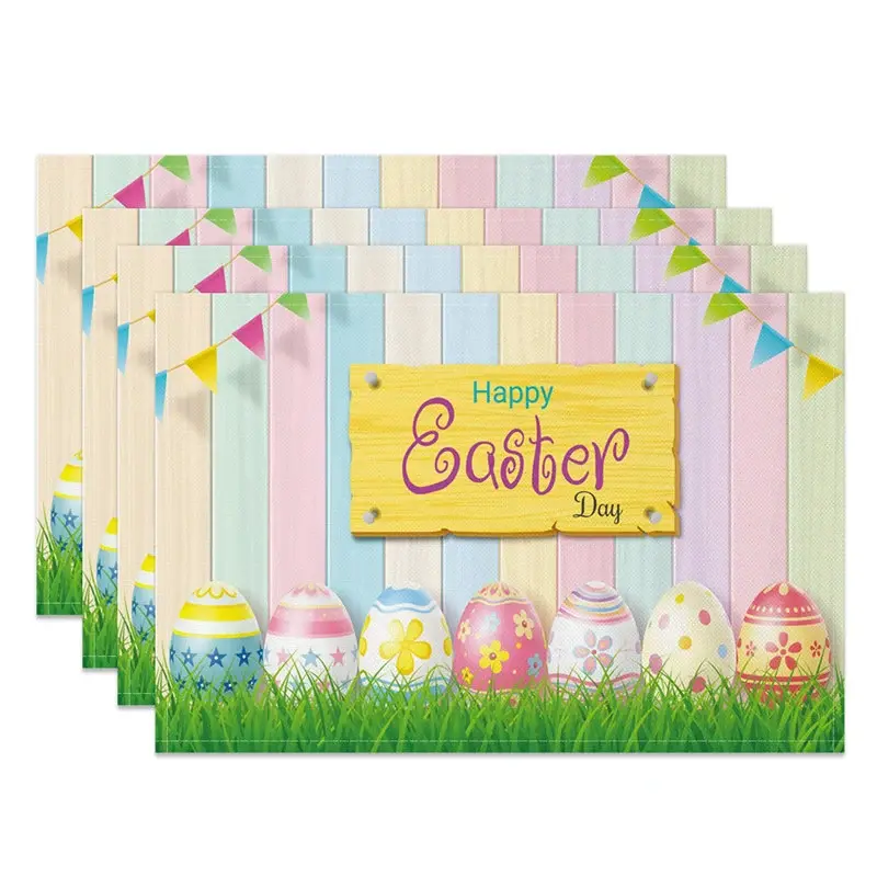 Aperturee Easter Set of 4 Placemats Pastel Wood Plank Texture, Happy Easter Sign Eggs Grass Dining Table Mats, Country Style Prop