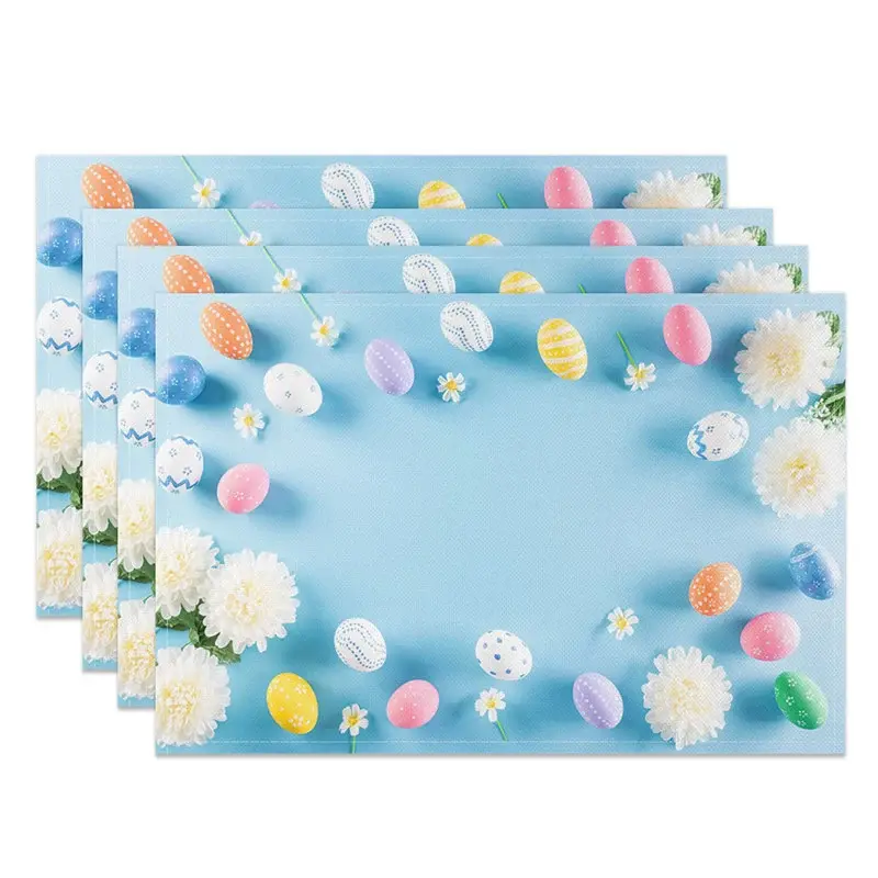 Aperturee Easter Set of 4 Placemats Blue Background White Flowers, Pastel Eggs Border Spring Dining Table Mats, Floral Flat Lay Prop