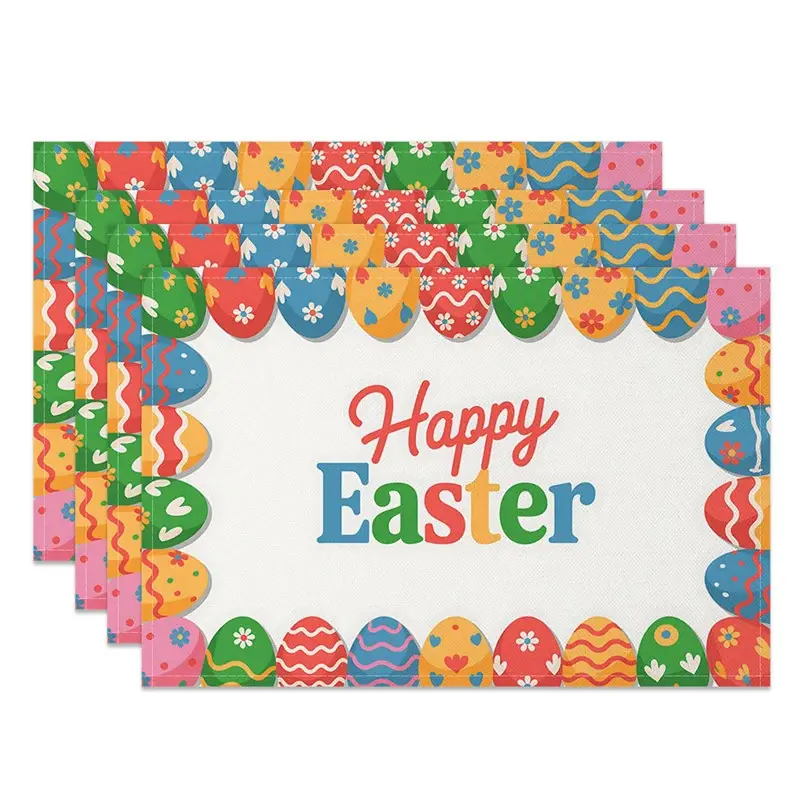 Aperturee Easter Set of 4 Placemats Colorful Patterned Egg Border, Happy Easter White Center Dining Table Mats, Festive Frame Prop