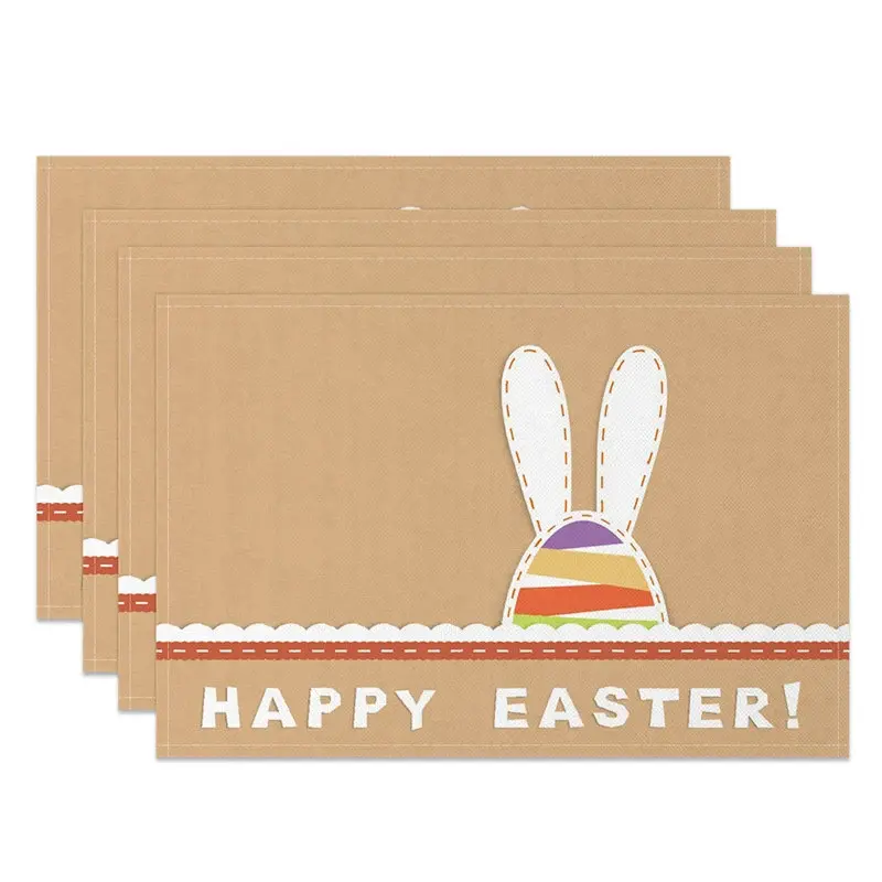 Aperturee Easter Set of 4 Placemats Kraft Paper Texture Bunny Ears, White Lace Happy Easter Dining Table Mats, Texture Imitation Prop