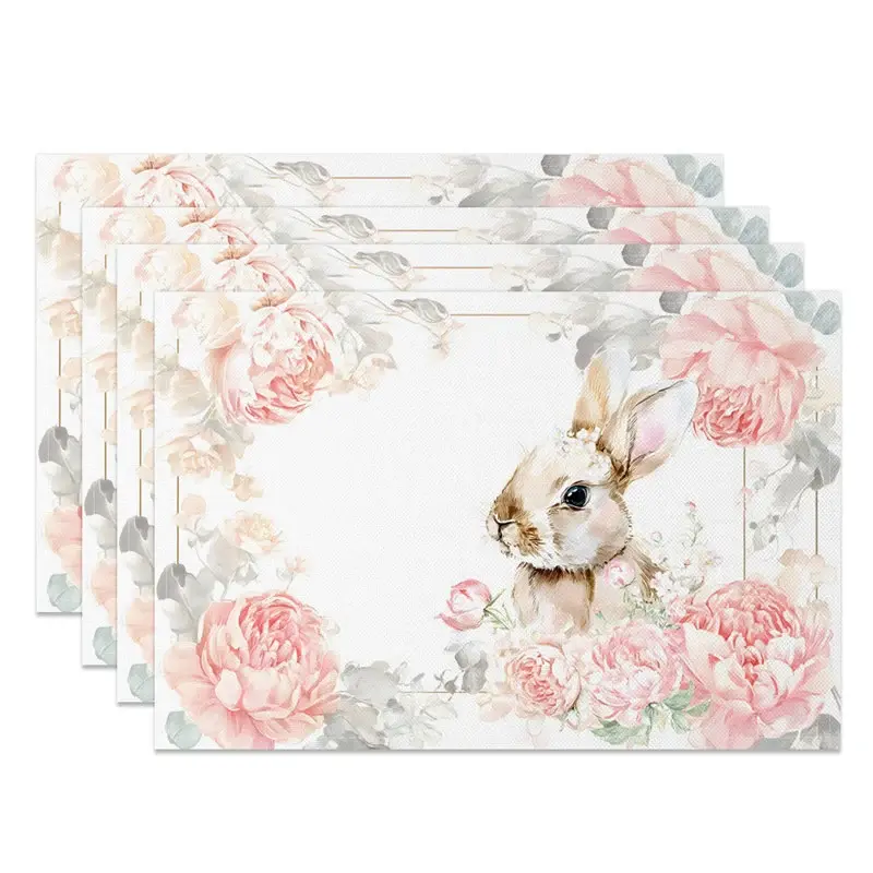 Aperturee Easter Set of 4 Placemats Pink Peony Gold Frame, Cute Bunny Flower Crown Dining Table Mats, Fine Art Floral Prop